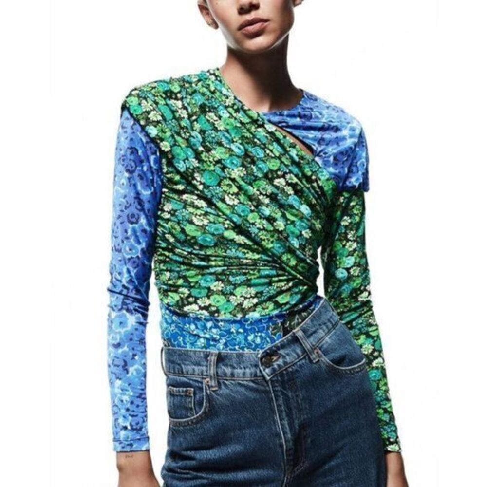 ZARA NWT Draped Print Floral Wrap Print Top Blouse SMALL
